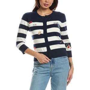 Wispr Womens  French Embroidery Stripe Cardigan, Navy